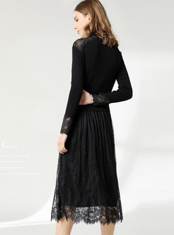 Stand Collar Lace Openwork A Line Dress