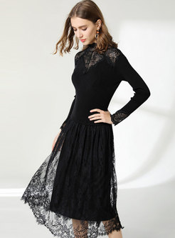 Stand Collar Lace Openwork A Line Dress