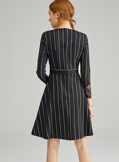 V-neck Striped High Waisted A Line Dress