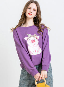Casual O-neck Pullover Pig Pattern Sweatshirt