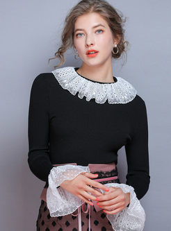Lace Patchwork Ruffle Collar Pullover Sweater