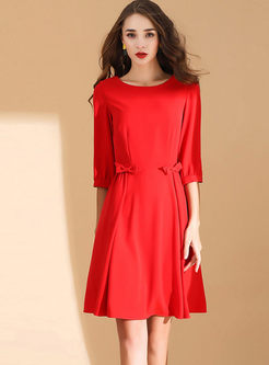 Elegant Red O-neck 3/4 Sleeve Skater Dress