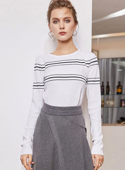 O-neck Long Sleeve Stripe Drawcord Sweater