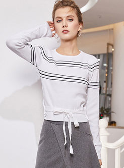 O-neck Long Sleeve Stripe Drawcord Sweater