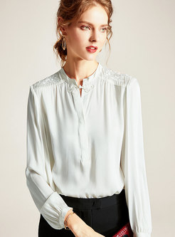 Stand Collar Embroidered Silk Blouse