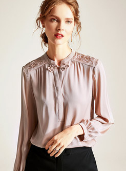 Stand Collar Embroidered Silk Blouse