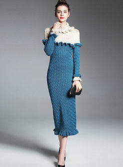 Color-blocked Ruffle Neck Slim Sweater Dress