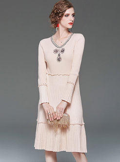 Elegant V-neck Beads Loose Sweater Dress