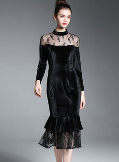 Half Turtleneck Lace Patchwork Velvet Dress