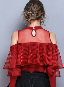 Off Shoulder Falbala Bowknot Patchwork Perspective Sweater