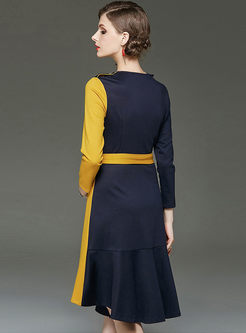 Color-blocked V-neck Patchwork A Line Dress