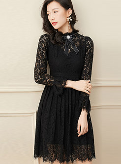 Stand Collar Lace Bowknot Openwork A Line Dress