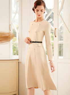 Solid Color A Line Dress With Belt