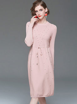Pink Long Sleeve Beads Waist Knitted Dress