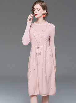 Pink Long Sleeve Beads Waist Knitted Dress