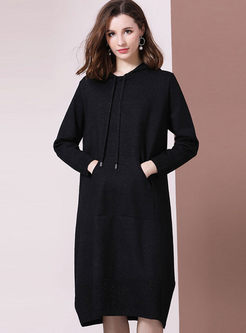 Black Hooded Loose Sweater Dress With Pockets