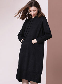 Black Hooded Loose Sweater Dress With Pockets