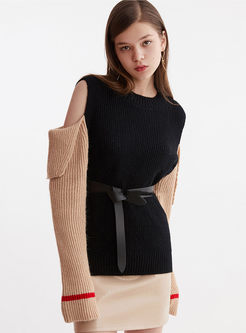 Color-blocked Off Shoulder Patchwork Sweater