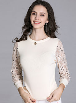 Brief O-neck Pullover Lace Patchwork Sweater
