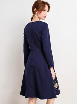 Long Sleeve Embroidered Waist A Line Dress