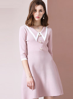V-neck Color-blocked A Line Sweater Dress