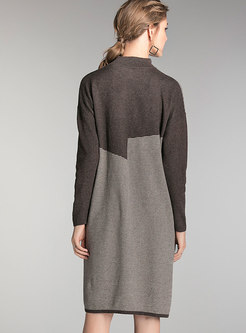 Stand Collar Color-blocked Loose Sweater Dress