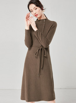 Solid Color Stand Collar A Line Dress