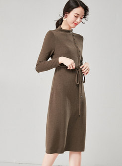 Solid Color Stand Collar A Line Dress