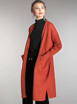 Solid Color Zip-up Sweater Coat With Pocket
