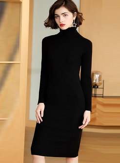 Solid Color High Collar Slim Sweater Dress