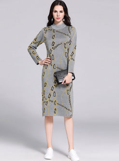 Casual Geometric Print Slim Sweater Dress