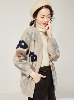 Casual V-neck Letter Patchwork Sweater Coat