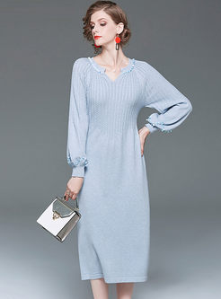Lantern Sleeve Sequin Midi Sweater Dress
