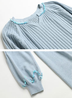 Lantern Sleeve Sequin Midi Sweater Dress