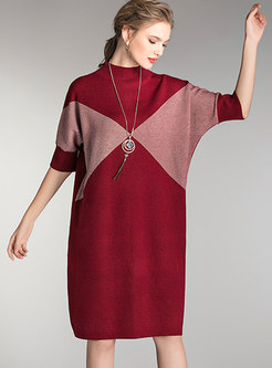 Stand Collar Half Sleeve Color-blocked Straight Sweater Dress