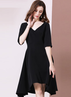 Black V-neck Irregular A Line Dress