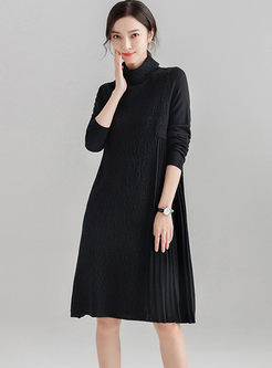 Pure Color Splicing Knitted Pleated Dress