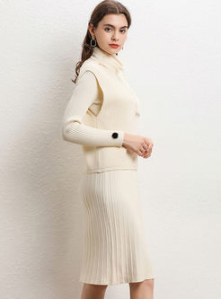 Solid Color Slim Sweater Dress With Vest
