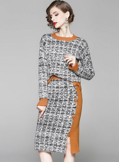 Color-blocked O-neck Knitted Slit Two Piece Dress