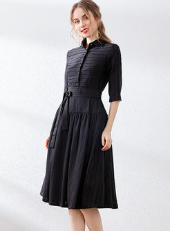 Black Lapel Half Sleeve Waist Skater Dress