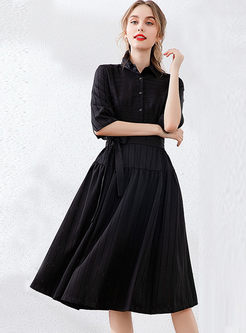 Black Lapel Half Sleeve Waist Skater Dress