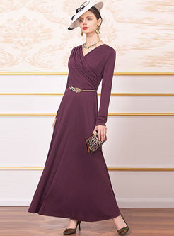 Solid Color V-neck Long Sleeve Party Dress