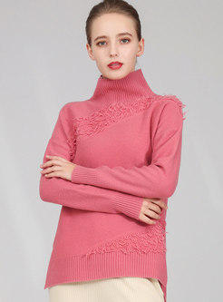 High Collar Tassel Pullover Sweater