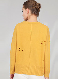 Solid Color O-neck Hole Pullover Wool Sweater