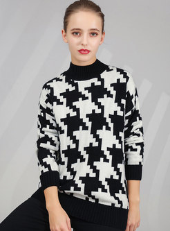 High Collar Geometric Thick Pullover Wool Sweater