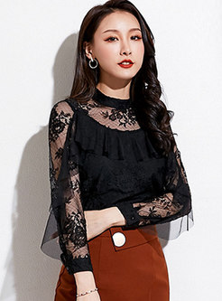 Stand Collar Lace Patchwork Perspective Blouse