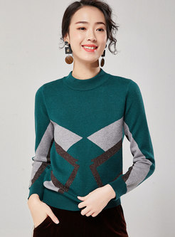 Stand Collar Color-blocked Slim Pullover Sweater