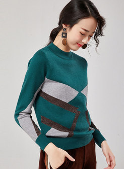 Stand Collar Color-blocked Slim Pullover Sweater