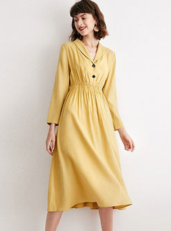 Yellow Lapel Elastic Waist A Line Dress