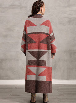 Lantern Sleeve Geometric Pattern Sweater Coat